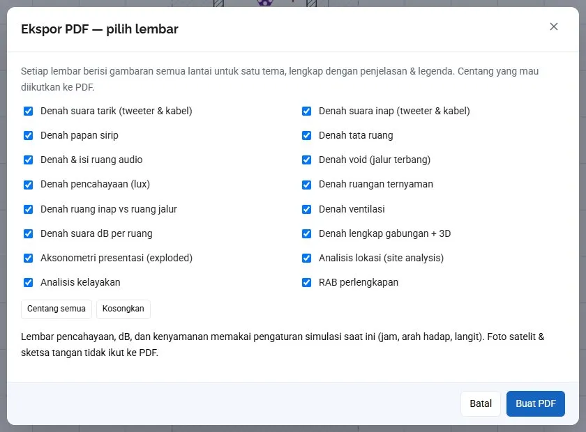 Jendela Ekspor PDF — pilih lembar: centang lembar yang mau diikutkan.