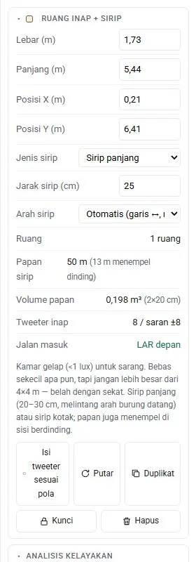 Panel ruang inap: jenis &amp; jarak sirip, arah sirip, papan (m), volume kayu, tweeter, dan jalan masuk.