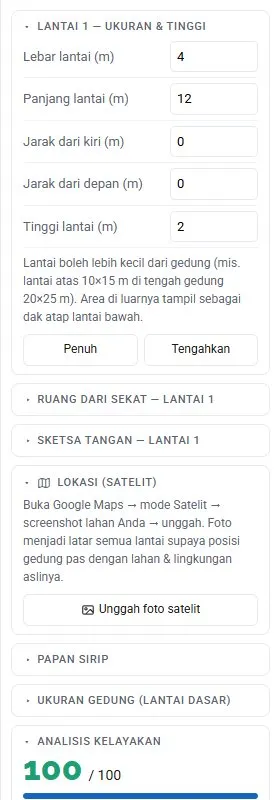 Tanpa objek terpilih: kartu ukuran lantai, ruang dari sekat, sketsa, lokasi (satelit), papan sirip, ukuran gedung.